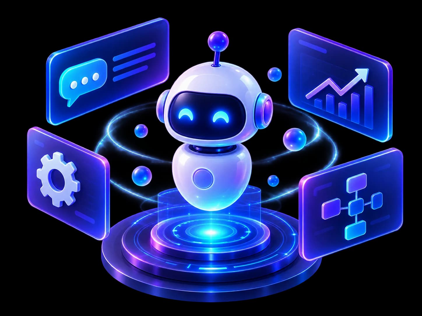 Illustration of an AI assistant supporting communication, analytics, automation and connected workflows.